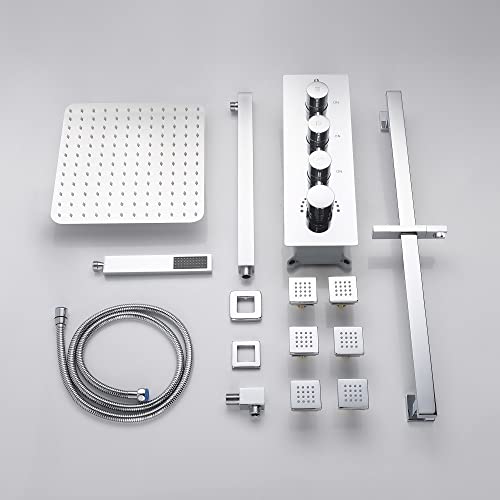 Cascada Luxury 12” Rainfall Shower set (Wall Mounted) with 4 knob thermostatic Valves & 3 functions (Rainfall, Body jets & Hand Shower) (Rose Gold) - color: Rose Gold