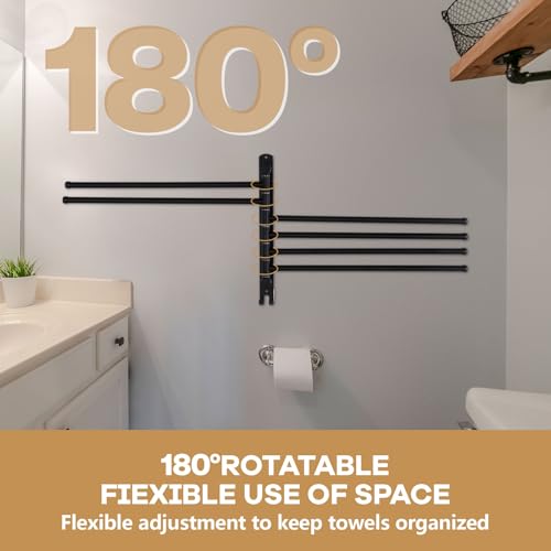 Teenyyou Swivel Towel Rack 16.5 Inches 304 Stainless Steel 6 Arms Bathroom Towel Rack Hanger Space Saving Pool Holder Wall Mounted Swivel Bar with Hook, Matte Black - color: Black, size: 16.5 Inches, style: 6 Arms