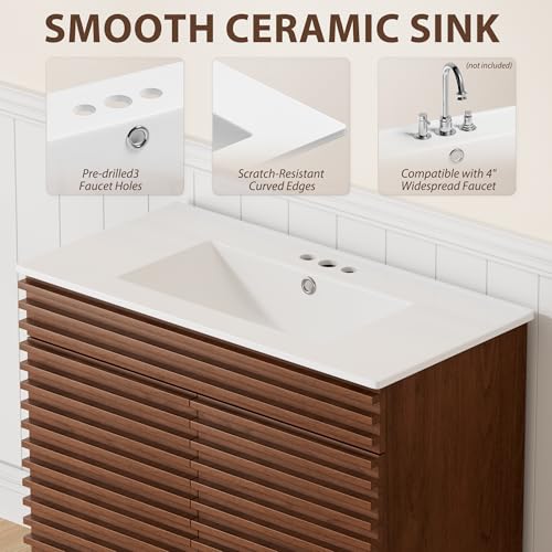 APRILSOUL 36" Bathroom Vanity with Ceramic Sink, Mid-Century Bathroom Vanity Cabinet with 2 Soft Closing Doors, Freestanding Bathroom Cabinet, Particleboard Frame with Wood Grain Laminate, Walnut - color: Walnut/ White Sink, size: 36 Inch