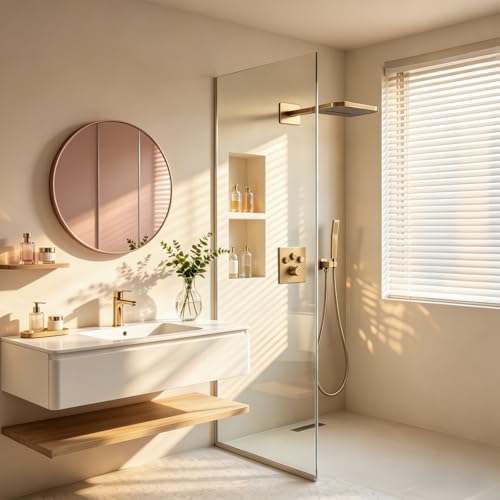 TRUSTMI 10" Shower System with Thermostatic Valve, Rainfall, Brushed Gold | Solid brass system with push-button diverter for waterfall and handheld spray. Anti-scald safety lock protects the family - color: Brushed Gold