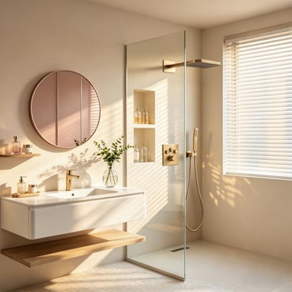 TRUSTMI 10" Shower System with Thermostatic Valve, Rainfall, Brushed Gold | Solid brass system with push-button diverter for waterfall and handheld spray. Anti-scald safety lock protects the family - color: Brushed Gold