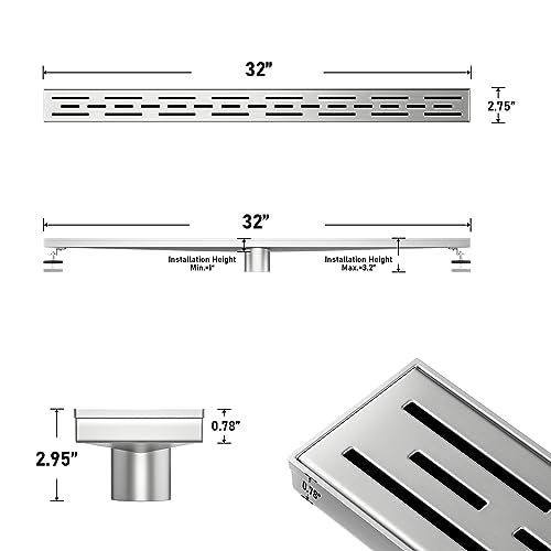 Linear Shower Drain 32" Brushed 304 Stainless Steel | with Drain Grate | Fast Drainage | Stainless Floor Drain Grate | Hair Strainer | Drain Key | The Upgrade for Your Bathroom - size: 32 Inch