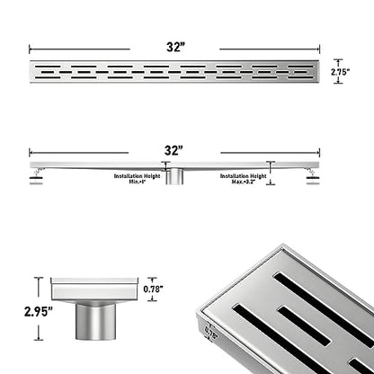 Linear Shower Drain 32" Brushed 304 Stainless Steel | with Drain Grate | Fast Drainage | Stainless Floor Drain Grate | Hair Strainer | Drain Key | The Upgrade for Your Bathroom - size: 32 Inch