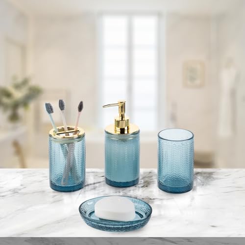 MyGift 4 Pcs Glass Bathroom Accessories Set with Toothbrush Holder, Soap Dish, Pump Dispenser, Tumbler Cup, Blue Bathroom Decor, Modern Embossed Chevron Design
