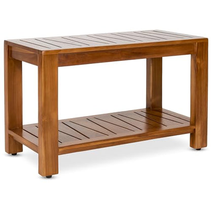 Teak Shower Bench with Shelf, 30” Wide, Shower Stool, Fully Assembled Bathroom Shower Seat, Water-Resistant Spa Bath Bench for Shower, Bathroom & Entryway, The Botein