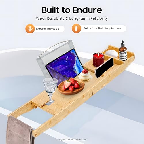 Bathtub Tray Caddy, Expandable Bamboo Bath Tray Waterproof Bamboo Bathtub Trays Bathroom Organizer for Housewarming, Anniversary, Wedding