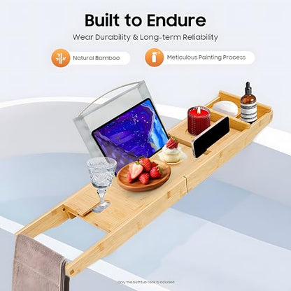 Bathtub Tray Caddy, Expandable Bamboo Bath Tray Waterproof Bamboo Bathtub Trays Bathroom Organizer for Housewarming, Anniversary, Wedding