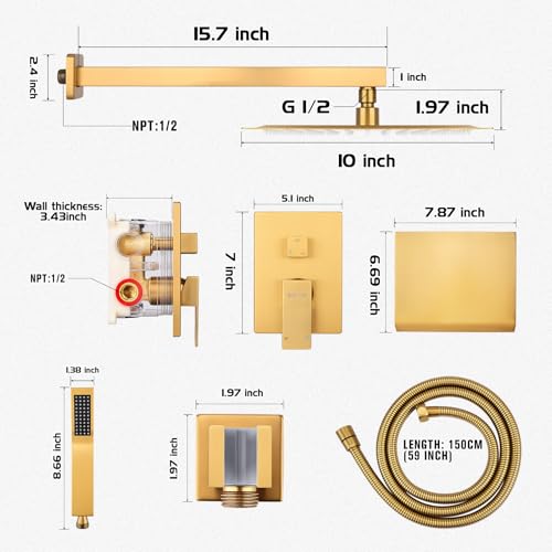 Wall Mounted Shower Faucet Set, Shower System with Tub Spout, 10 Inch Rainfall Shower Head with Handheld Spray, Waterfall Tub Spout Bathtub Faucet, Brushed Gold - color: Brushed Gold