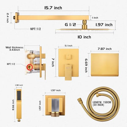 Wall Mounted Shower Faucet Set, Shower System with Tub Spout, 10 Inch Rainfall Shower Head with Handheld Spray, Waterfall Tub Spout Bathtub Faucet, Brushed Gold - color: Brushed Gold