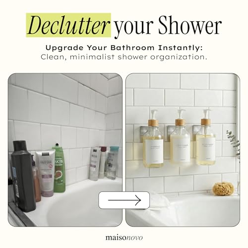 MaisoNovo Shampoo and Conditioner Dispenser|Refillable Clear Bamboo 3-Pack | 500 ml Shower Gel Dispenser Set of 3. Refillable Shampoo and Conditioner Bottles. Drill Free Secure Design. Clear Bamboo - color: Clear Bamboo Set of 3
