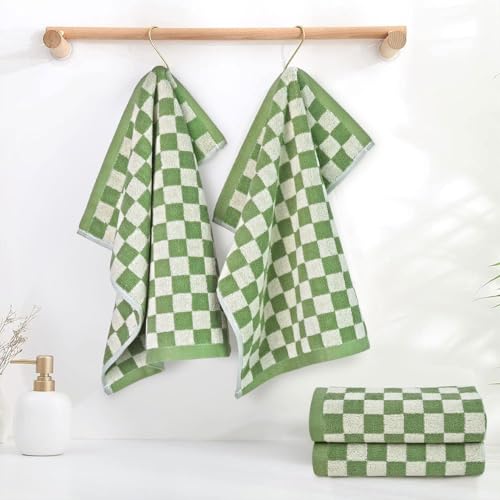 Wash Cloths Checkered 4 Pack (Green) - Cotton Washcloths for Face Body | 13 x 13 Inches Daily Cleansing Kitchen Towels - color: Green