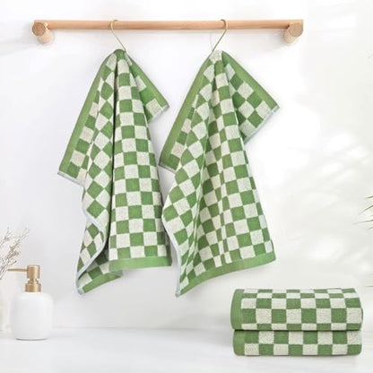 Wash Cloths Checkered 4 Pack (Green) - Cotton Washcloths for Face Body | 13 x 13 Inches Daily Cleansing Kitchen Towels - color: Green