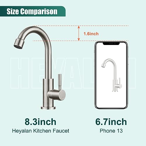 Heyalan SUS304 Cold Water Bar Sink Faucet, Single Handle, Brushed Nickel | SUS304 stainless steel, high-arc gooseneck, single-hole deck mount, 24-inch supply hose, 2.5-inch shank, 1.8 GPM - color: Brushed Nickel