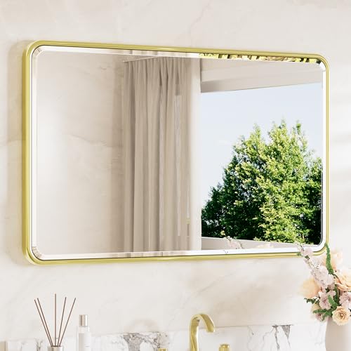 Brushed Gold Mirrors for Wall 40 x 24 Beveled Edge Tempered Glass, Rounded Corner Rectangle Framed Mirror for Modern Bathroom, Living Room, Bedroom, Entryway - color: Brushed Gold, size: 24"L x 40"W