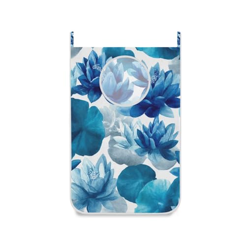 Ink Blue Lotus Flower Hanging Laundry Hamper Door Hampers Bag Basket with Stainless Steel Hooks Oxford Fabric Printing Decorative Clothes Bags 29.5X20inch 2Pack - color: Ink Blue Lotus Flower, size: 20x29.5inx2