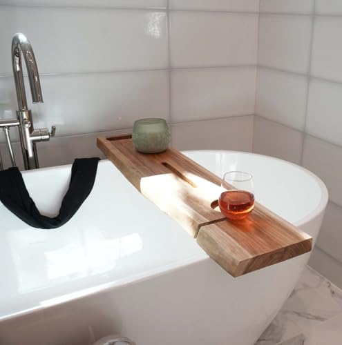 EcoDecors Eleganto 50" Live Edge Solid Teak Bath Caddy Tray with Handle, Book & Tablet Holder, Wine Glass Holders, Luxury Bathtub Tray - style: 50" Live Edge