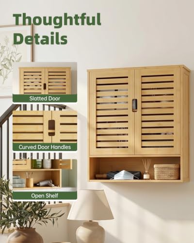 SMIBUY Bathroom Cabinet Wall Mounted, Bamboo Over-The-Toilet Storage Organizer, Space Saver Medicine Cabinet with 2 Door and Adjustable Shelves (Natural) - color: Natural