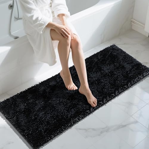 Yimobra Long Bathroom Rugs Runner 60x24 Inch, Extra Thick Soft Absorbent Chenille Bath Mat, Non Slip Machine Washable, Quick Dry Bath Rugs for Bathroom Floor, Tub and Shower, Black - color: Black, size: 60" X 24"
