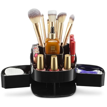 Masirs Small 360 Rotating Makeup Organizer, 5 Compartments, Square Black | Small 360 Rotating Makeup Organizer, 5 Compartments, Acrylic Mini Lazy Susan, Vanity Bathroom Counter, Square Black - color: Square Black