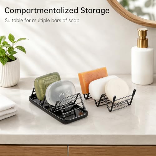 Stainless Steel Soap Dish Draining Soap Holder with Ceramic Tray, Black | Reversible Design Fits 2-3 Bars, Rustproof, Easy to Clean, Space Saving, Non Slip, for Bathroom, Shower, Kitchen - color: Black, size: 6.3" x 3.0"(with tray)