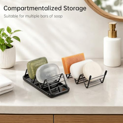 Stainless Steel Soap Dish Draining Soap Holder with Ceramic Tray, Black | Reversible Design Fits 2-3 Bars, Rustproof, Easy to Clean, Space Saving, Non Slip, for Bathroom, Shower, Kitchen - color: Black, size: 6.3" x 3.0"(with tray)