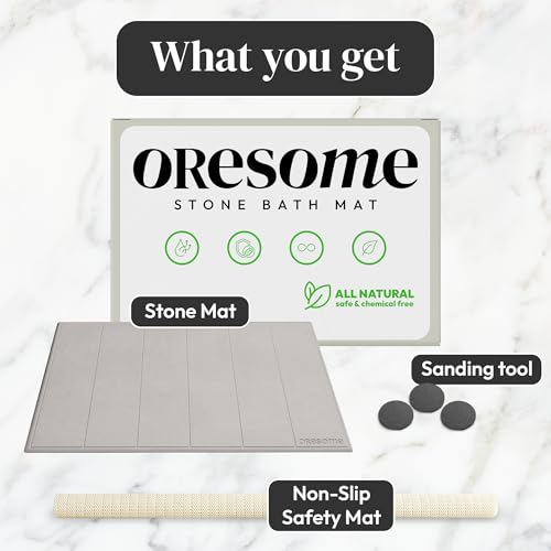Stone Bath Mat for Bathroom, Diatomaceous Earth Bath Mat, 24" x 16", 1 Pack | Modern Alternative to Fabric Mats, Quick Drying, Fast Water Absorption, Includes Non-Slip Mat & Sanding Tool, Easy to Clean - style: Modern Minimalist