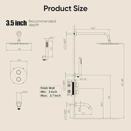 Gabrylly 10" Thermostatic Shower Faucets Set with Tub Spout, Matte Black | All Metal Shower System, Rain Shower Head with Handheld Spray Combo, Luxury Bathroom Rainfall Shower Head Set With Valve - color: Matte Black