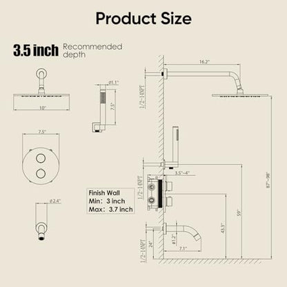 Gabrylly 10" Thermostatic Shower Faucets Set with Tub Spout, Matte Black | All Metal Shower System, Rain Shower Head with Handheld Spray Combo, Luxury Bathroom Rainfall Shower Head Set With Valve - color: Matte Black