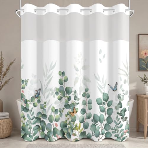 No Hook Eucalyptus Shower Curtain with Snap in Liner, 71x74 Inch | Double Layer Waterproof Bath Curtain with Mesh Top, Soft Green Botanical Leaf & Butterfly Print for Modern Farmhouse Bathroom - color: Eucalyptus