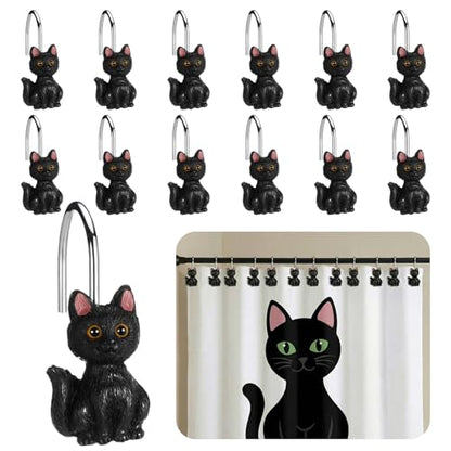 Novabright 12 Pcs Decorative Shower Curtain Hooks Cute Cat Shower Curtain Rings 2.4 Inch Handcraft Resin Cat Hooks for Bathroom 3.8 mm Metal Wire Smooth Sliding Hangers(Cute Style,Black)