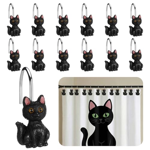 Novabright 12 Pcs Decorative Shower Curtain Hooks Cute Cat Shower Curtain Rings 2.4 Inch Handcraft Resin Cat Hooks for Bathroom 3.8 mm Metal Wire Smooth Sliding Hangers(Cute Style,Black)