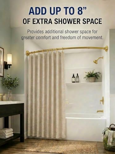 Shower Suite by Utopia Alley – Rustproof Aluminum Curved Shower Curtain Rod Combo Set with Liner & 12 Hooks, Adjustable 45–72 Inch Wall Mount Rod, Bright Gold Finish - color: Bright Gold