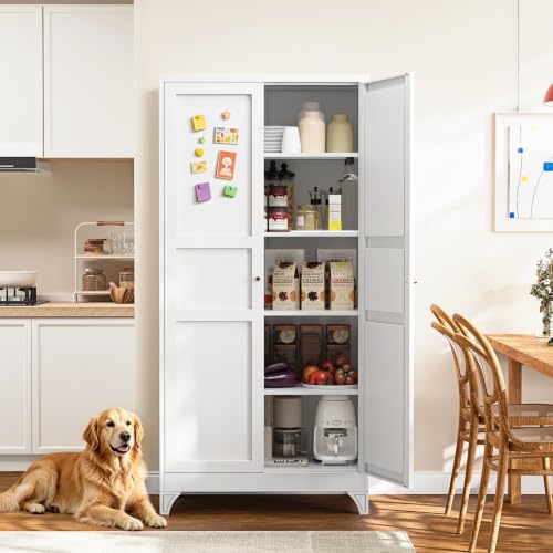 Metal Storage Cabinet with 2 Doors and 4 Adjustable Shelves - 71" White Kitchen Pantry Storage 4-Tier Tall Steel Cabinets Locker for Kitchen, Living Room, Dining Room - color: White, size: 71"- 4 Adjustable Shelves-B