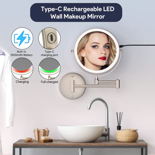 Rechargeable Wall Mounted Lighted Makeup Mirror, 8 Inch Double-Sided LED Vanity Mirror 1X/10X Magnification,3 Color Lights Touch Screen Dimmable 360°Swivel 13 Inch Extendable - color: 8 Inch Nickel