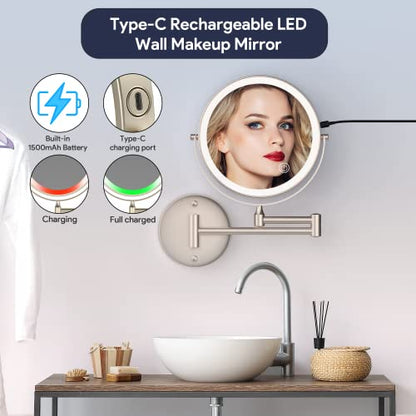 Rechargeable Wall Mounted Lighted Makeup Mirror, 8 Inch Double-Sided LED Vanity Mirror 1X/10X Magnification,3 Color Lights Touch Screen Dimmable 360°Swivel 13 Inch Extendable - color: 8 Inch Nickel