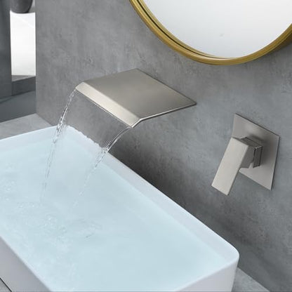 DASAN Wall Mount Waterfall Bathroom Faucet Brushed Nickel in Wall Sink Faucet, Single Handle Wall Mounted Modern Faucet for Bathroom with Upgraded Rough in Valve, DA-TFD3BN-NH - color: Brushed Nickel
