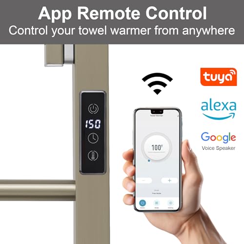 Heated Towel Warmer Rack Electric Bathroom with Voice Control Alexa & Google Home,TUYA Wall-Mounted,Stainless Steel,31.5x19.69x11.61in,Foldable Storage,Plug-in,Brushed Nickel,10 Bars - color: Bruched Nickel With Wifi & Shelf