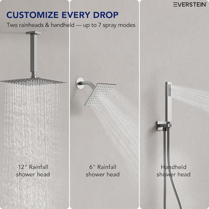 Ceiling Mount 12" High-Pressure Rainfall Shower Faucet, Dual Rainfall Shower Head System with Valve (Brushed Nickel) - color: Nickel, style: Ceiling Mount