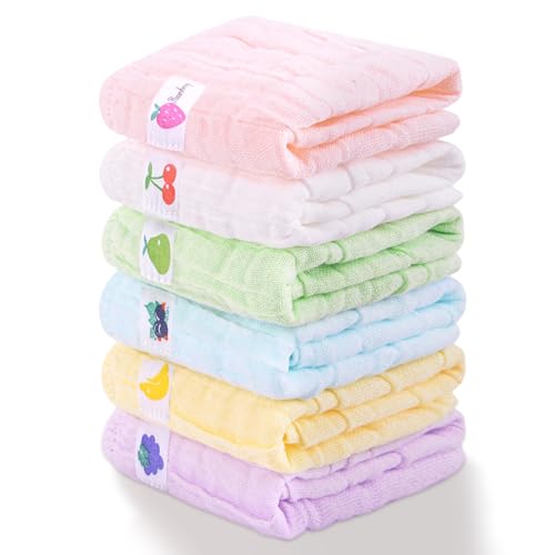 6 Pack Muslin Baby Washcloths 100% Cotton Ultra Soft Absorbent 6 Layer Lightweight Wash Cloths for 10" x 10" Face Bath Burp Cloth Newborn