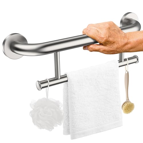 Brushed Nickel Grab Bar with Towel Holder, Grab Bars for Shower | Bathroom Grab Bar 17 Inch, Stainless Steel Shower Towel Bar, Wall Mount Safety Grab Rail for Senior, Handicap Support Bars - color: towel grab bar - brushed nickel, size: 17 inch