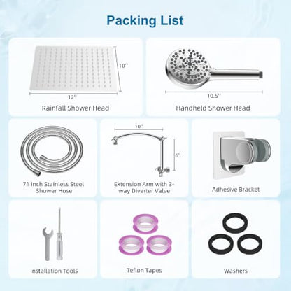 Hibbent All Metal 12" High Pressure Rain Shower Head Combo, Chrome | cUPC Certified Rainfall Shower Head with handheld 10 Sprays, 16'' Adjustable Extension Arm, 71'' Hose, Showerhead Holder - color: Chrome, style: Square 12''