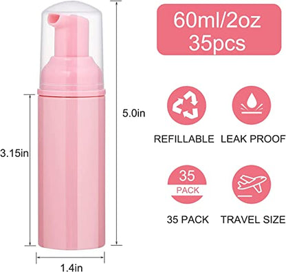 35 Pack 2 oz Foam Pump Bottles, Refillable Soap Dispenser, Daily Use | Pink foam pump bottle for diluted liquid soap, facial cleanser, body wash, shampoo, bathroom, kitchen, vanity and travel use - color: Pink