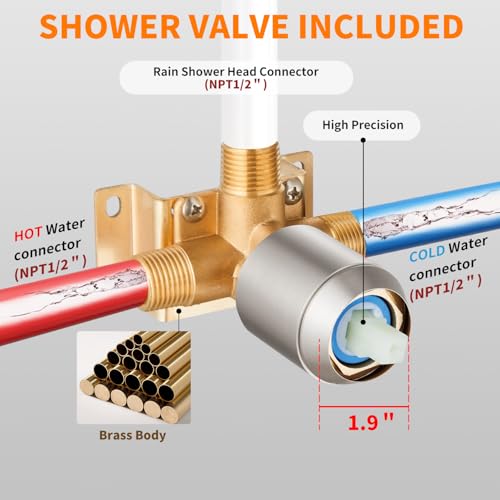 Brushed Nickel Shower Faucet Single Function Trim Kit with Rough-in Valve Set Bath Rainfall Shower System 8inch Square Stainless Steel Metal Shower Head - color: Brushed Nickel