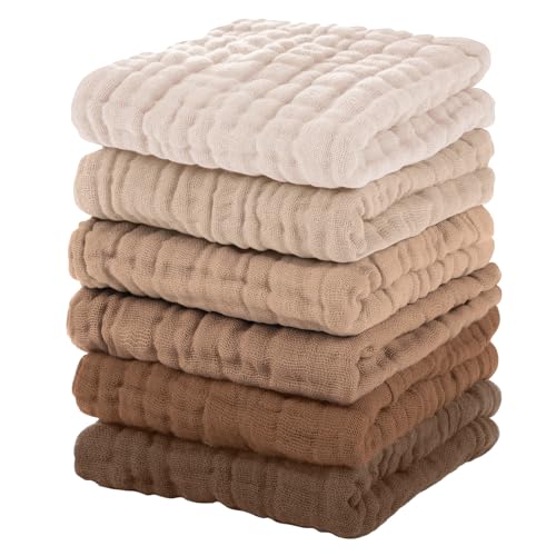 Unnivoll Muslin Burp Cloths Baby 12''X12'', Baby Washcloths 6 Pack, 100% Cotton Baby Wash Cloths Absorbent and Soft for Newborn Infants Kids Boys Girls - Gradient Brown - color: Gradient Brown