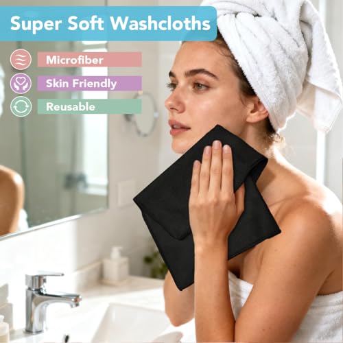 Orighty Wash Cloths, Face Towels 12x12 Inch 20 Pack | Soft Quick-drying Black Washcloths, Multi-Purpose Microfiber Face Cloths for Bathroom, Gym, Spa, Hotel, Travel - color: Black