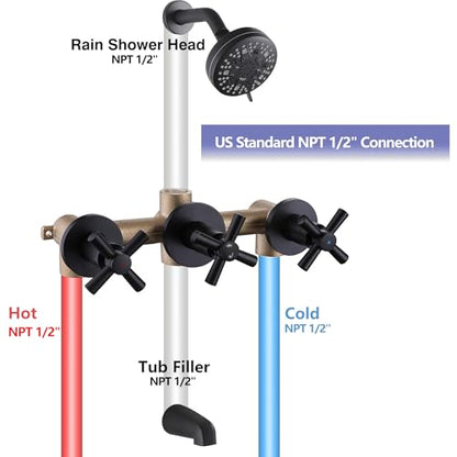3 Handle Tub Shower Faucet Set Black Shower Trim Kit with Valve | Bathtub Shower Faucet Set with Tub Spout Wall Mounted, Brass Valve, NPT 1/2" US Connection - color: Matte Black, style: Style A