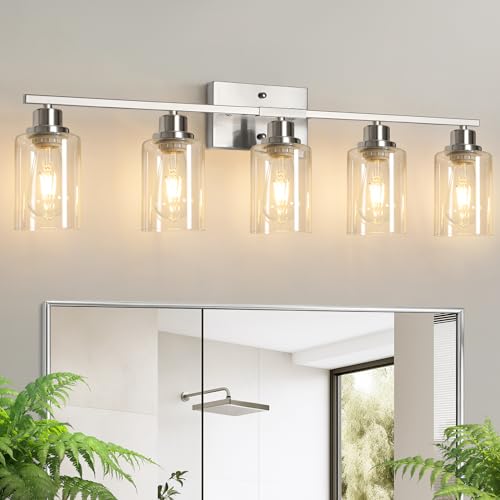 Ascher Bathroom Light Fixtures, 5-Light Vanity Light Over Mirror, Brushed Nickel Wall Sconces with Clear Glass Shades, Wall Lamp for Living Room Bedroom, E26 Base(Bulbs Not Included) - color: Brushed Nickel & Clear Glass, size: 5-Light