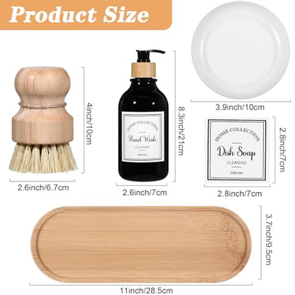 Zopeal 4 Pcs 16 oz Kitchen Soap Dispenser Set with Bamboo Tray and Dish Brush Plastic Soap Dispenser Set with Waterproof Labels for Hand Dish Lotion(Black) - color: Black