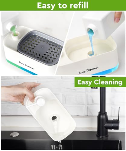Hand and Dish Soap Dispenser Set for Kitchen, Dual Soap Dispenser with Sponge Holder, 3-in-1 Countertop Soap Pump Dispenser for Kitchen Sink, Useful Kitchen Gadgets - White - color: White