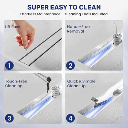 Linear Shower Drain 24 inch with 2-in-1 Flat & Tile Insert Cover - Brushed 304 Stainless Steel Shower Floor Drain - Linear Drain with Reversible Cover & Hair Catcher - Includes Cleaning Tools - color: Brushed Stainless Steel